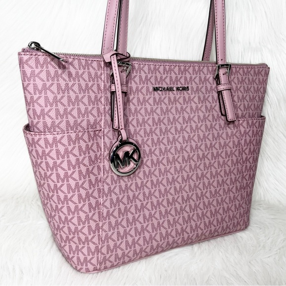 SOLD-Michael Kors Pink MK Logo Zip Top Shoulder Jet Set East West Tote Bag Med - Picture 4 of 9